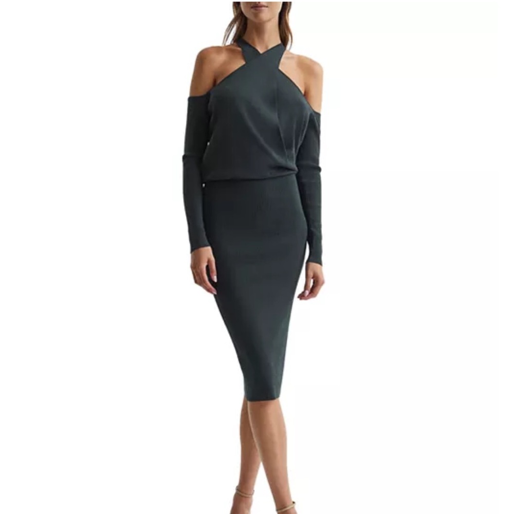 REISS Raina Halter Knitted Bodycon Dress in Teal Size XS
